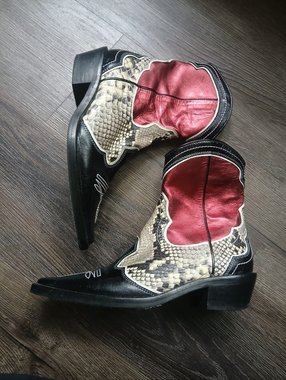 Zara Black, Red & Snake-Print Western Ankle Boots